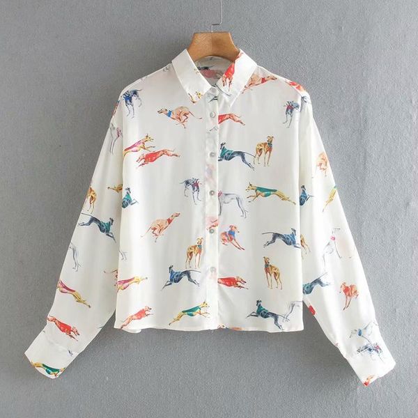 

women's blouses & shirts hadara fashion turn down collar women elegant loose dog printed long sleeve female ladies, White