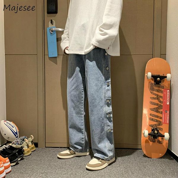 

men jeans loose big size 2xl mens wide leg trousers solid buttons korean fashion style casual daily students streetwear leisure, Blue
