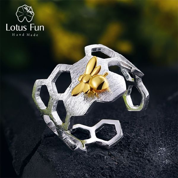 

lotus fun real real 925 стерлинговое серебро 18k золотая пчела кольца натуральный дизайнер изящные ювелирные изделия домашняя гвардия соты о, Golden;silver
