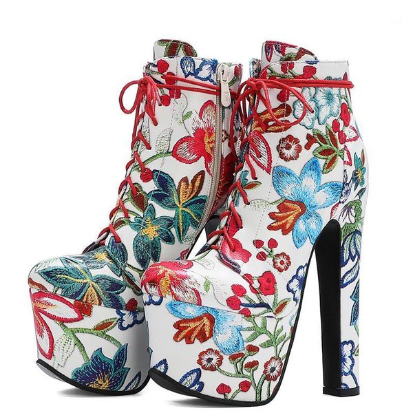 

boots fashion flower ankle women platform autumn winter short lace up ultra heels fetish shoes woman large size 461, Black