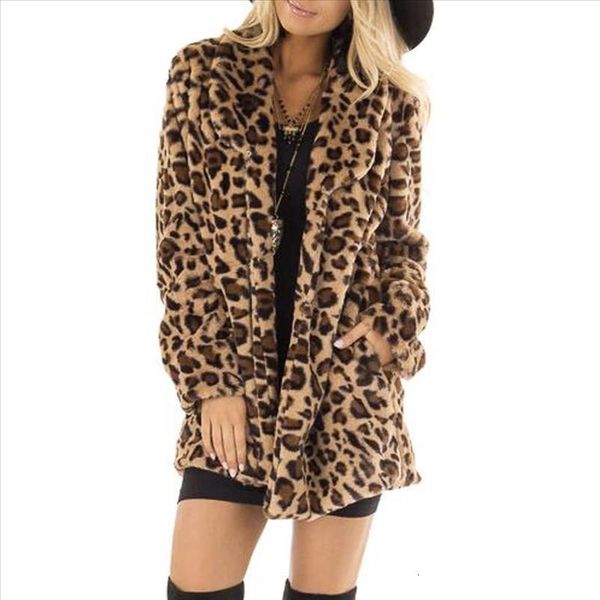 

women coat winter leopard print faux fur jacket coat women large size plush overcoat 2021 new office ladies long sleeve j30, Black;brown