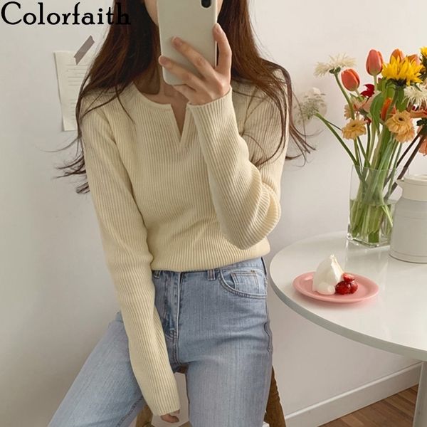 

colorfaith new women's autumn winter sweater v-neck bottoming knitwear warm pullover minimalist elegant jumpers sw3247 201023, White;black