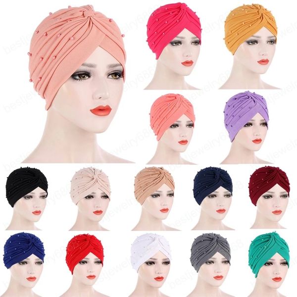

indian women turban cancer beads underscarf muslim hair loss bonnet pleated hat islamic headwear wrap chemo caps beanies covers, Blue;gray