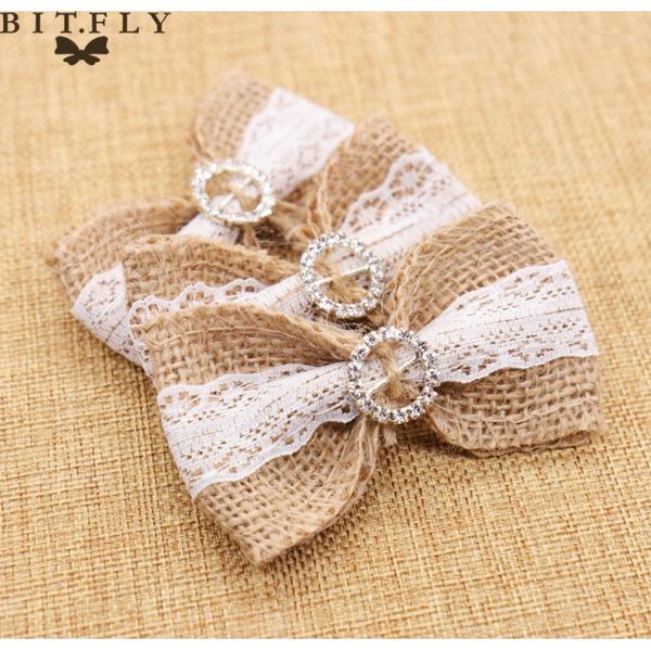 

10 шт. diy джута мешковины белые кружевные луки с сердцем горный хрусталь пряжка свадьба украшения волос шляпа шляпа ремесло день рождения g