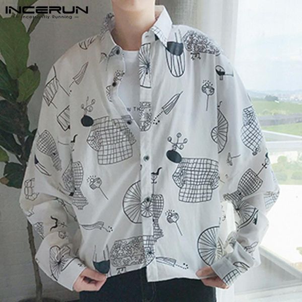 

incerun printing shirt men korean streetwear 2019 lapel long sleeve stylish button loose casual shirts camisas hombre s-5xl1, White;black