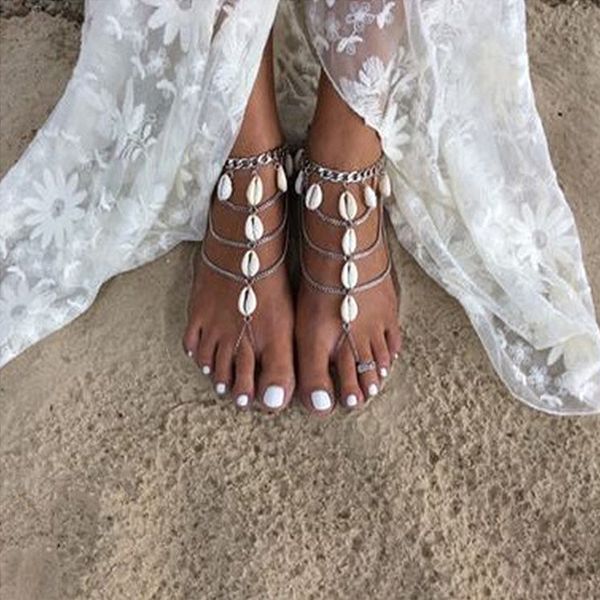 

summer foot jewelry beach wedding barefoot sandals ankle bracelet for women bohemian chain on foot tassel shell charm anklets t200901, Red;blue