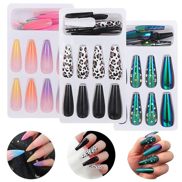 

24pcs ballerina fake nails full cover acrylic uv gel shiny nails new extension diy beauty tools false nail tips with rhinestones, Red;gold