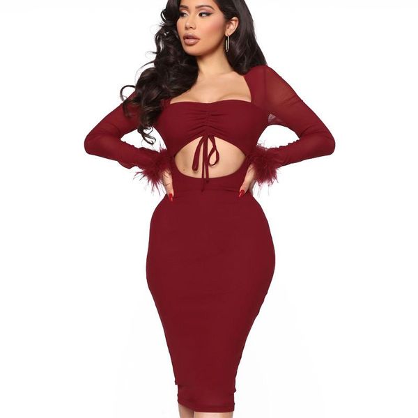 

party club bodycon dresses women lady hollow out high waist long sleeve mesh tulle dress v-neck open back vestido female, Black;gray