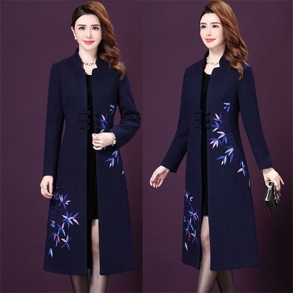 

winter fall fashion women mandarin collar blue black long woolen coat , female womens embroidery diamonds 4xl 5xl coats overcoat y1126