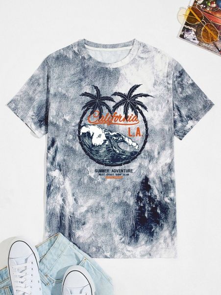 

men tie dye slogan graphic and tropical print tee o1ms#, White;black