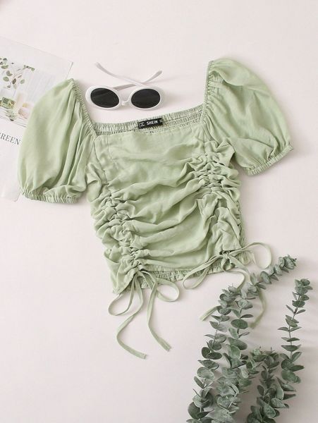 

ruched drawstring knot shirred crop n2x4#, White