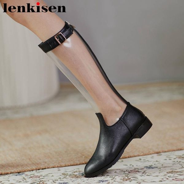 

lenkisen big size jelly shoes natural leather buckle decorations round toe low heel back zipper beauty lady knee high boots l1f9, Black