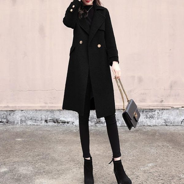 

2021 new england female style wool jacket double-breasted korean fashion lady streetwear classic winter coat 1bvj, Black