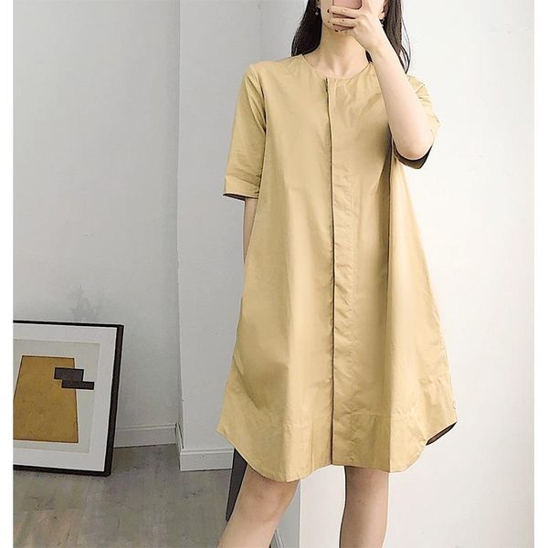 

o-neck women dress loose short-sleeved solid color simple casual 2020 new lady mini dress1, Black;gray