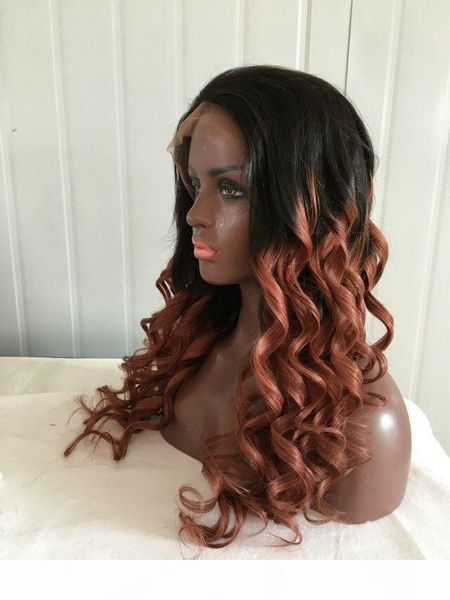 

130 density #1b #30 full lace ombre human hair wigs long wavy two tone glueless lace front wig with baby hair around, Black;brown