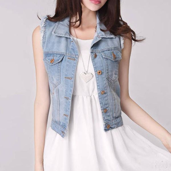

women summer denim vest casual vests coat vintage casual cardigan ladies jean sleeveless turn-down collar breasted female, Black;white