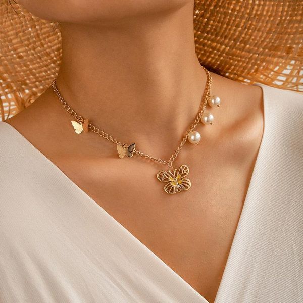 

brling new 2020 fashion ins vintage chain pendant choker butterfly pearl alloy necklace for women girls gifts party, Golden;silver