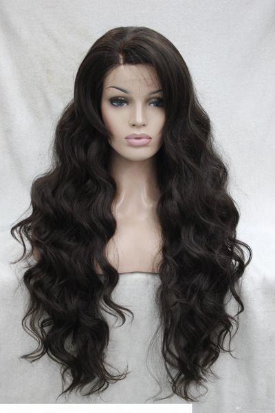

2017 super very quality good fashion long wavy synthetic medium brown lace front wig wavy wigs, Black