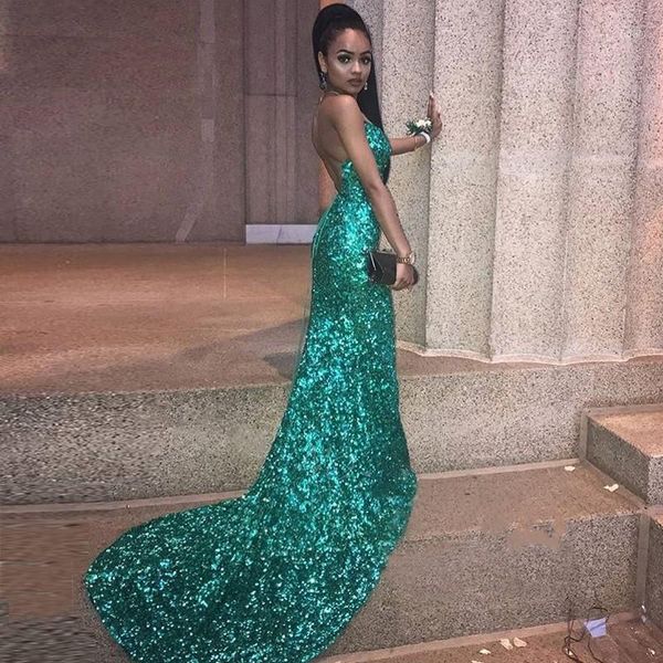 

2019 new backless mermaid prom dress off shoulder green sequins evening dress long robe1, White;black