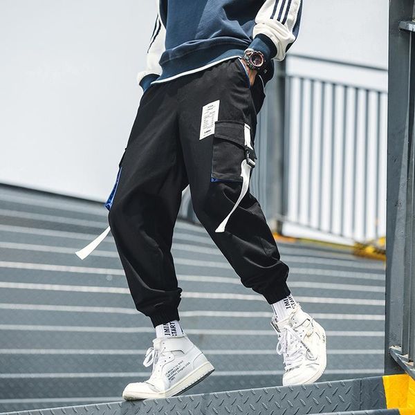 

black ribbons pockets cargo pants men hip hop male tatical trousers mens joggers casual streetwear pants 2020 fashion