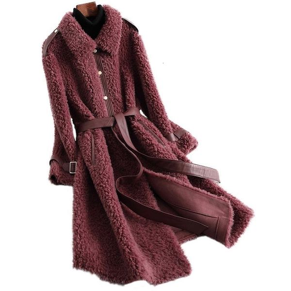 

2021 new winter fur coat fashion belt female thick women's jacket unique woolen jackets breasted high street ubbm, Black