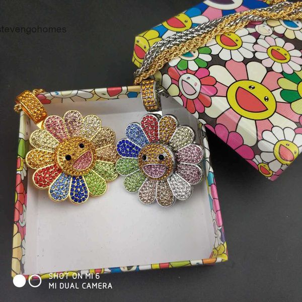 

smile colorful petals huomurakami face can rotate sunflower hip hop pendant necklace, Silver