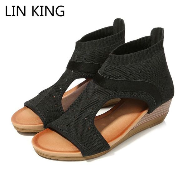 

lin king national bohemian women wedges sandals plus size breathable knit women open toe summer shoes slip on gladiator sandals, Black