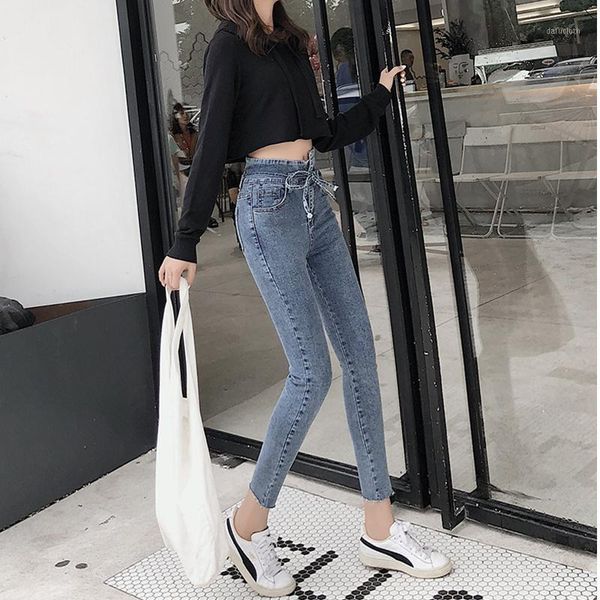 

jujuland high waist jeans women streetwear bandage denim plus size jeans femme pencil pants skinny woman 30381, Blue
