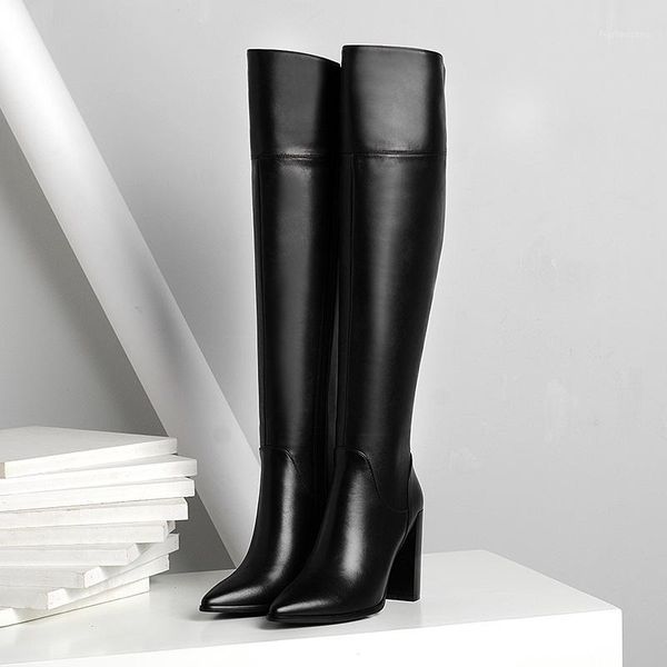

brand shoes high heels autumn winter knee high boots woman pointed toe runways warm snow boot leather cowboy women shoes1, Black