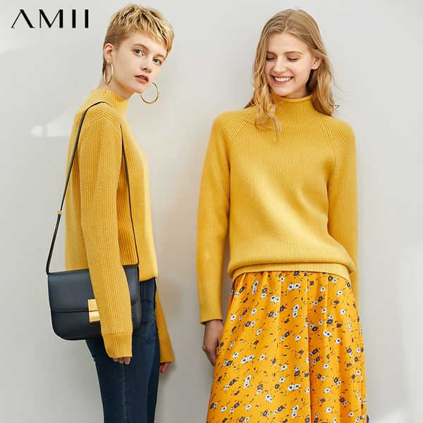 

amii fashion new loose high neck languid lazy wind adds thick sweater female autumn winter knit pullover 11930250 201031, White;black