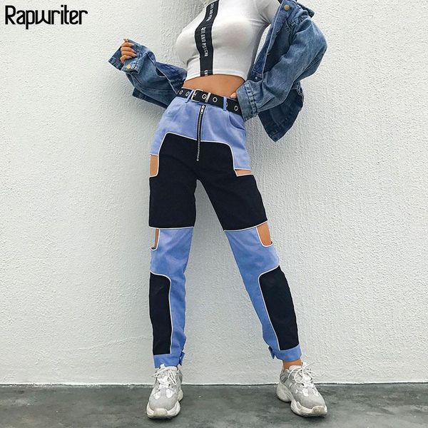 

rapwriter panelled patchwork hollow out pants women 2019 streetwear high waist pencil pants fashion ankle-length cargo1, Black;white