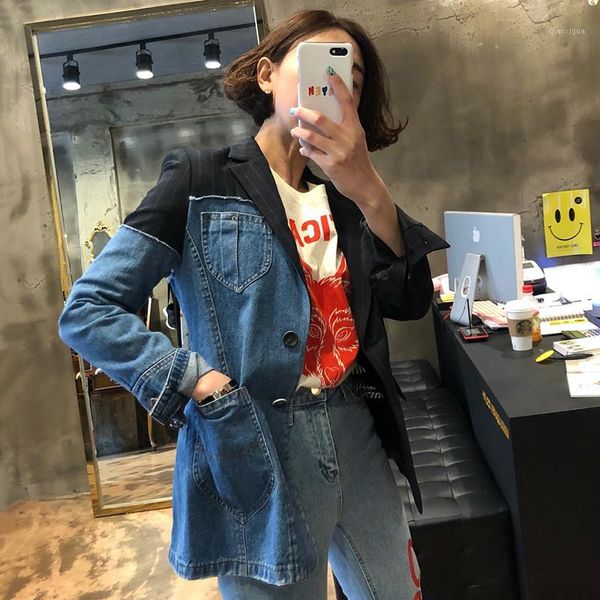 

shengpalae chic irregular hit color split joint stripe women blazer long sleeve korean fashion autumn denim loose coat ft1381, White;black