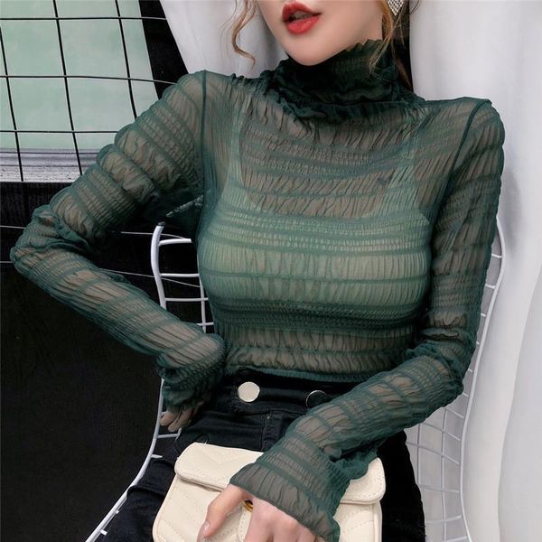 

summer korean mesh t shirt slim perspective long sleeve turtleneck t-shirts  drop shipping, White