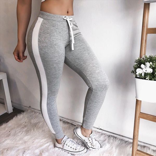 

women drawstring waist fitness leggings high waist pants skinny pants ribbed knit striped sideseam sweatpants trouser 2021, Black
