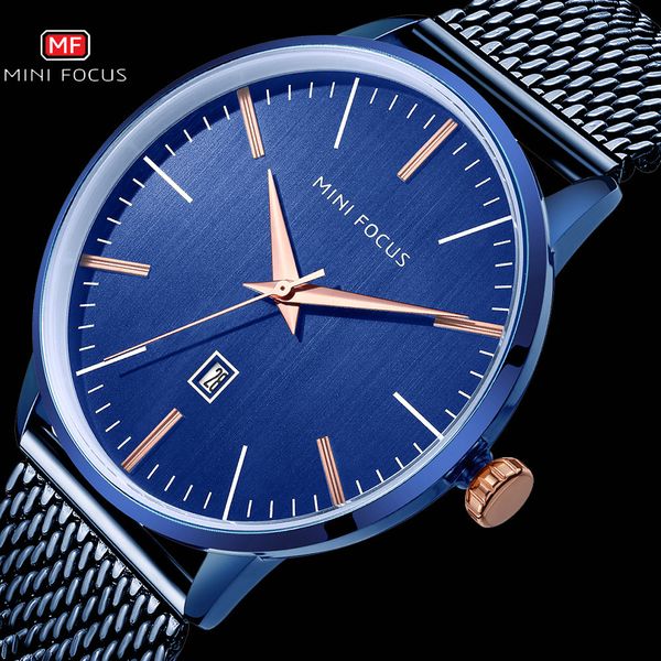 

mini focus 2019 fashion watch men military quartz clock blue mesh strap calendar date display chic mens watches brand luxury, Slivery;brown