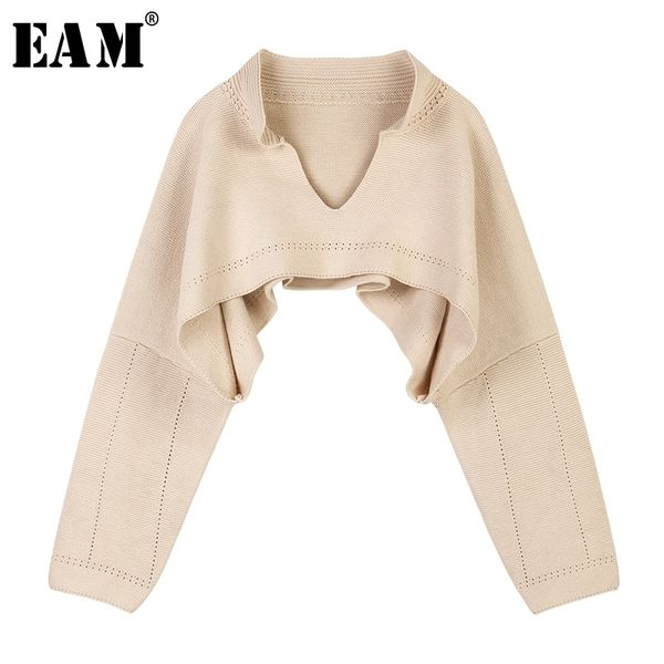 

[eam] apricot brief big size short knitting sweater loose fit v-neck long sleeve women pullovers new fashion spring 1s363 201030, White