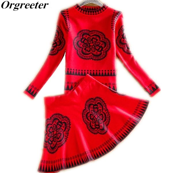 

new women retro sweater+skirts sets spring autumn winter vintage printed female woman knitting sweaters +skirt 2pcs set c1115 c1118, Black;white