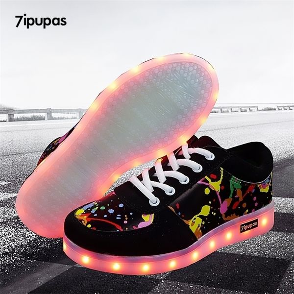 

7ipupas led light up shoes for children new 11 colors luminous sneakers usb rechargeable kids boy girl graffiti led shoe 201112, Black