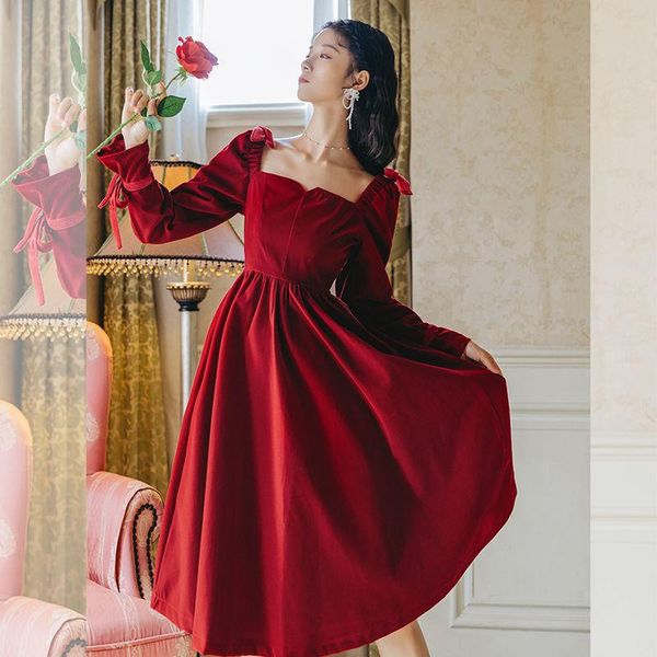 

women 2021 autumn winter vintage dress square collar female long sleeve a-line dresses ladies elegant midi vestidos femme f15, Black;gray