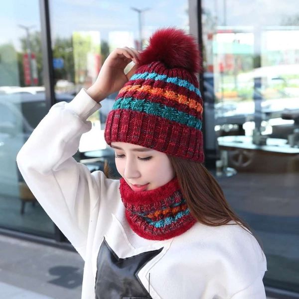 

autumn and winter bib girls trend warm knitted sweet ear scarf with fluffy ball wool hat, Blue;black