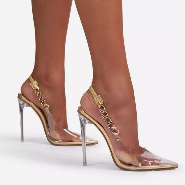 

woman transparent sandals strap pumps slinback ladies party shoes women's pointed toe high heels women chain elastic female1, Black