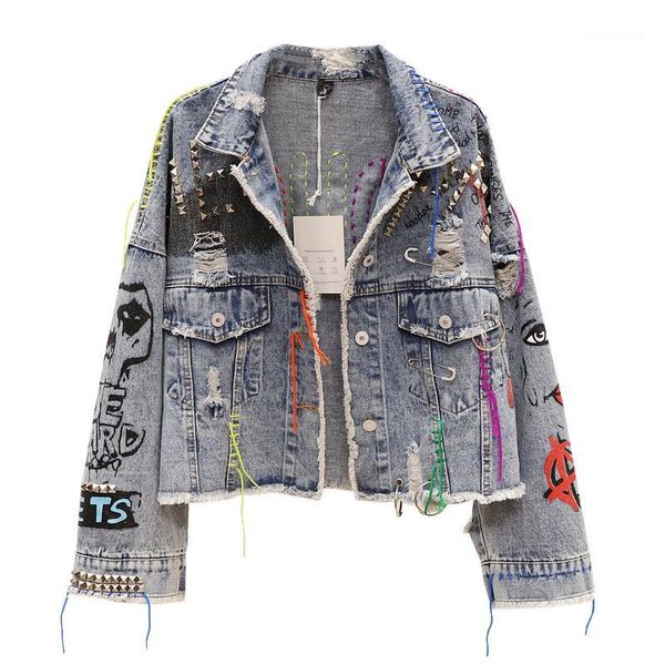 

graffiti denim jacket women personality 2019 autumn short ripped hair edge cut rivet jacket color tassel jeans female outwear1, Black;brown