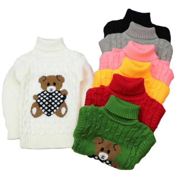 

girl clothes boy winter knitted sweater coat high-necked thick warmth cartoon bear printing 1-8 y baby quality clothing 201109, Blue