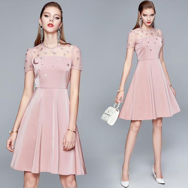 

stars embroidery dress women mesh patchwork pink a line elegant party dress vestidos robe femme sg08101, Black;gray