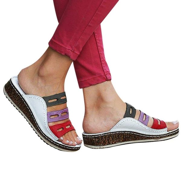 

2020 summer women plus size slippers mixed color retro sewing female wedges slides outside wear breathable non-slip shoes woman #f68f, Black
