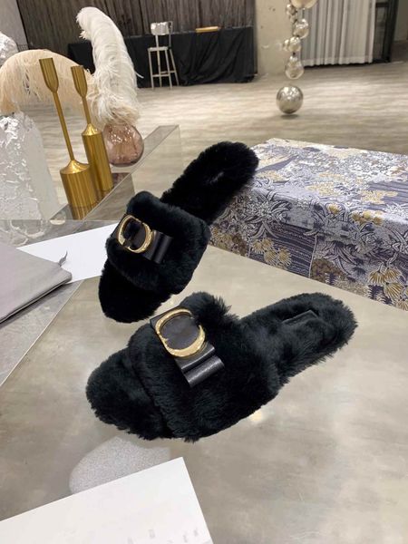 

2021 new ladies wool slippers, designer fashion ladies sandals slippers, with box, Black