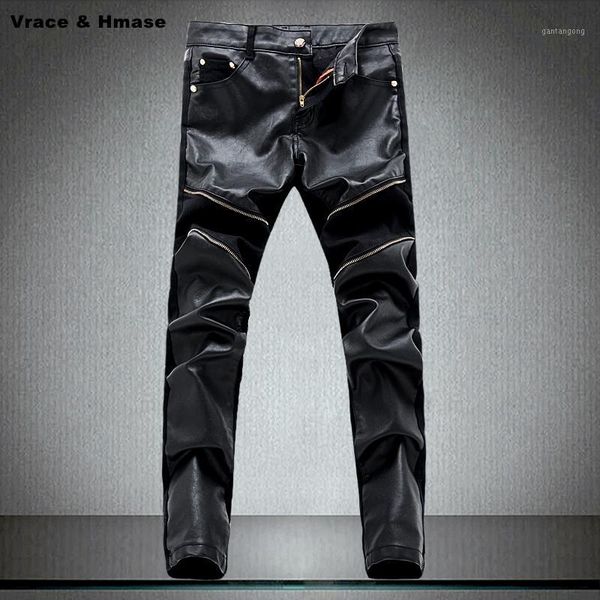 

high-quality fight leather cowboy trousers boutique locomotive jeans new arrival 2020 straight slim fashion pu leather jeans men1, Blue