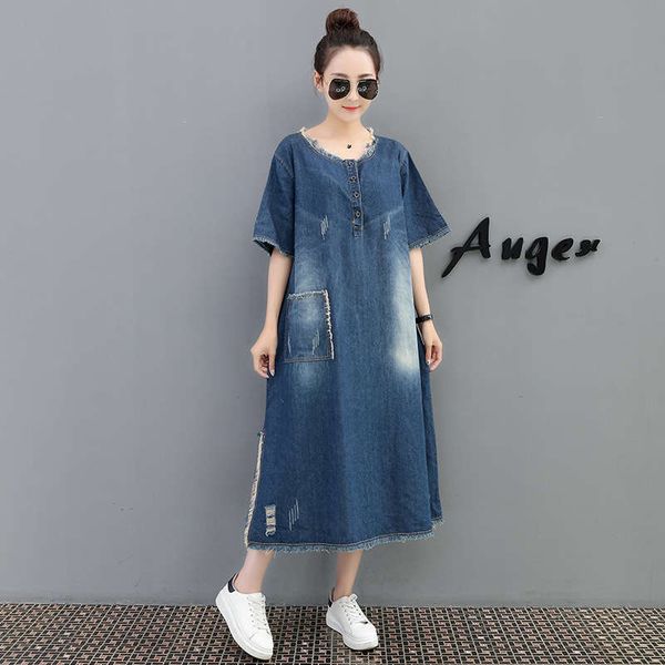 

wind 2020 summer new korean version large loose matte white pocket medium length denim dress for women, Black;gray