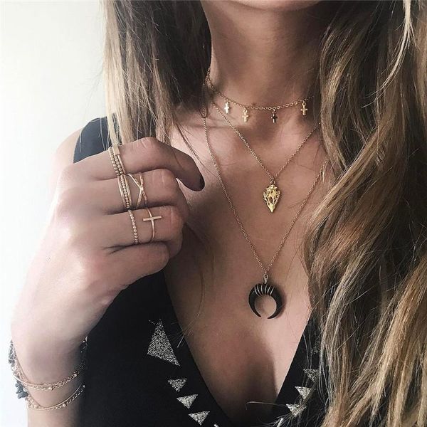 

pendant necklaces alyxuy fashion black moon necklace multi-layer gold color cross chain for women trendy birthday gift jewelry, Silver