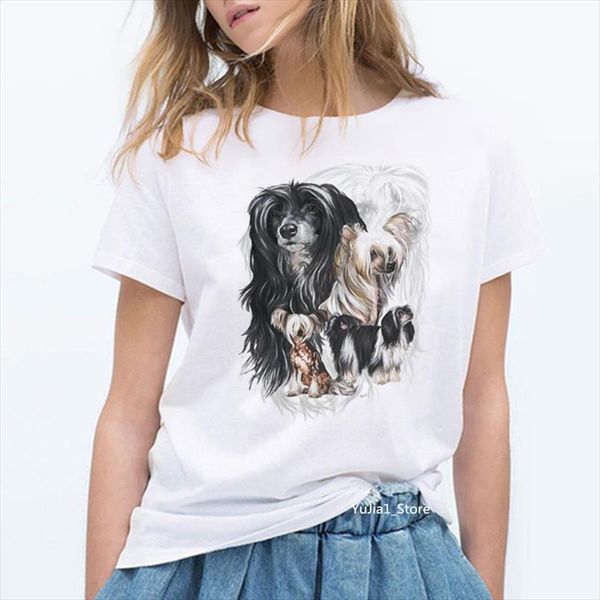 

vintage chinese crested dog printed t shirt women dog lover friends birthday gift tshirt summer 2020 womens clothes t shirt, White
